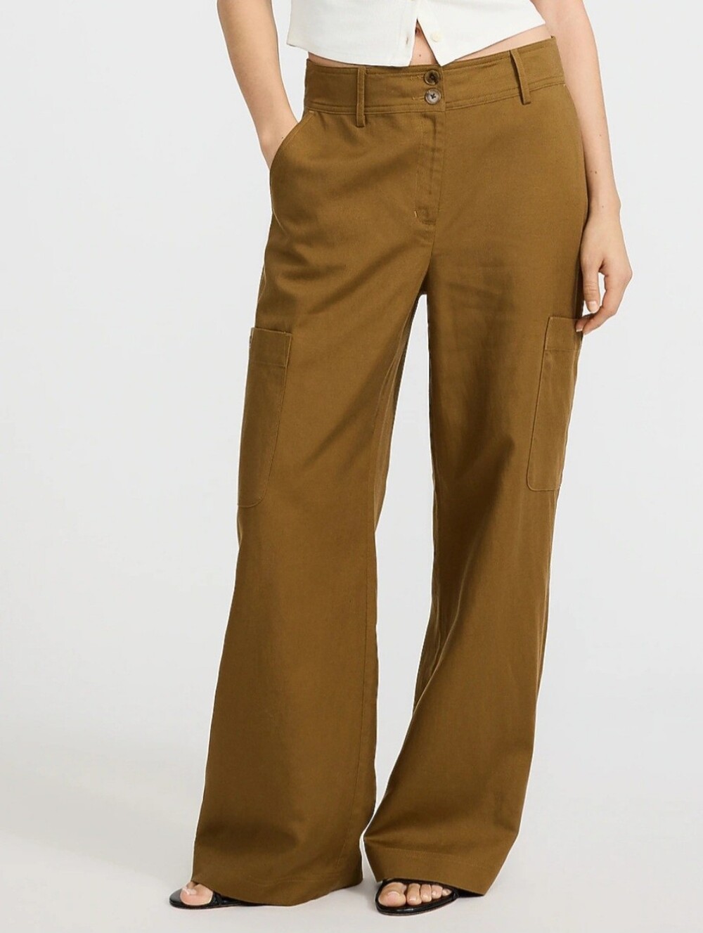 Linen-Blend High Waister Wide-Leg Cargo Trousers In Tobacco
